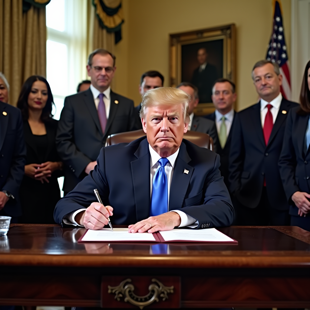President signing the Home Care Accessibility Act into law, surrounded by ALS advocates, patient families, and legislators in a formal ceremony room with American flags in the background
