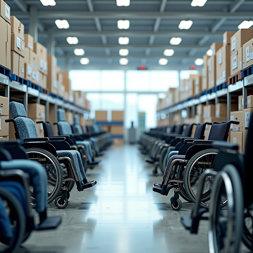 Well-organized medical equipment warehouse showing rows of wheelchairs, hospital beds, patient lifts, and respiratory equipment neatly arranged and ready for distribution to ALS patients in need