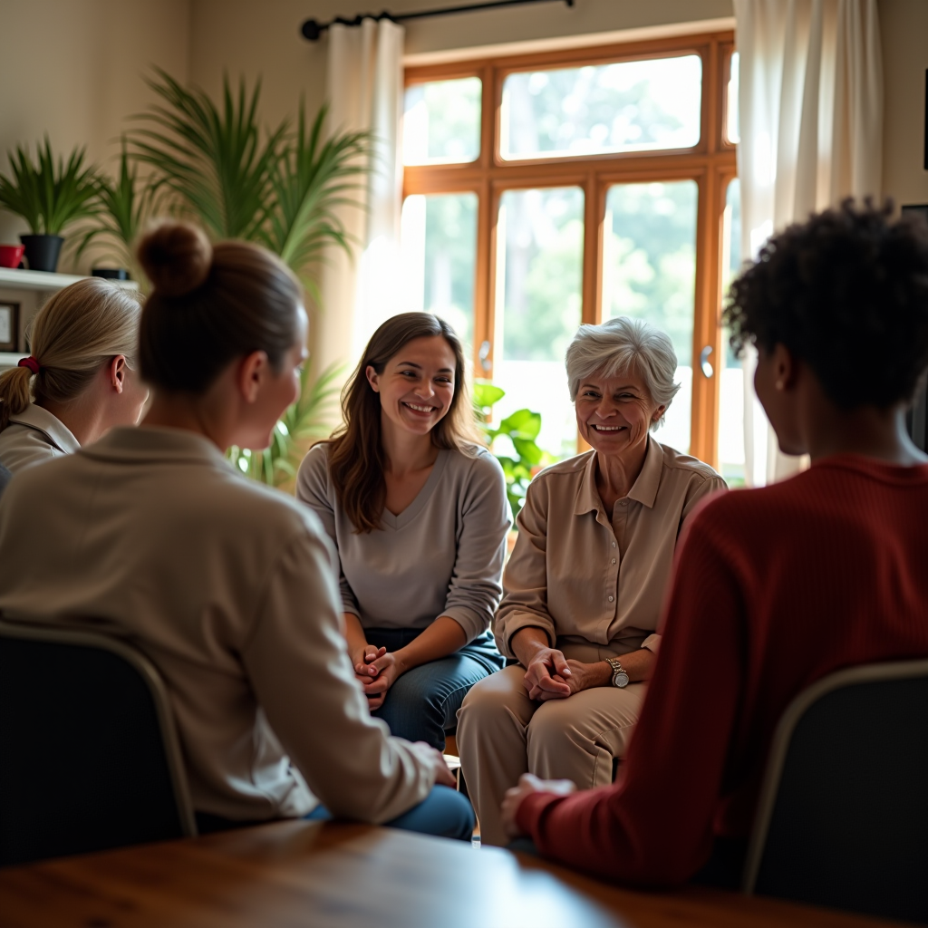 Diverse group of caregivers sitting in a circle during a support group meeting, sharing experiences and offering emotional support to one another in a warm, welcoming room with natural lighting