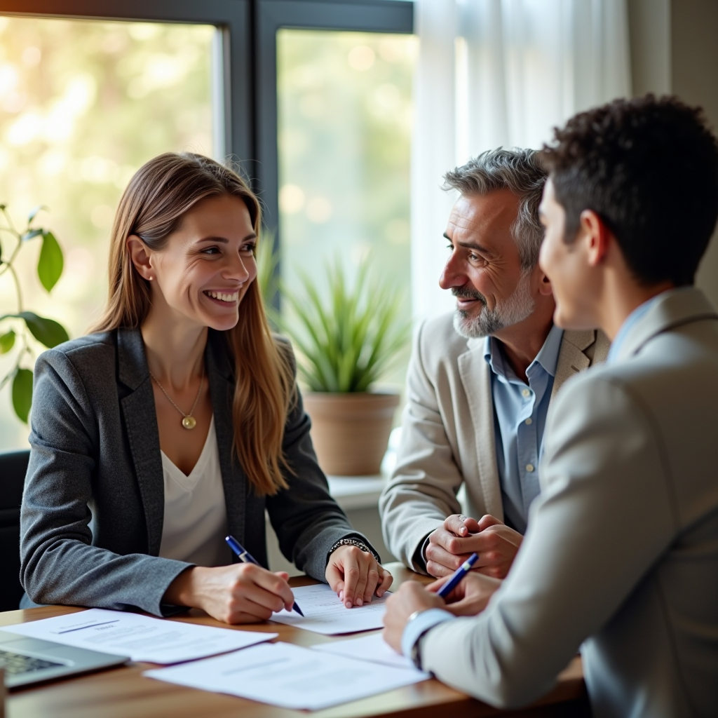 Compassionate financial advocate sitting at desk with patient and family member, reviewing documents and insurance forms together in warm, welcoming office environment with natural lighting