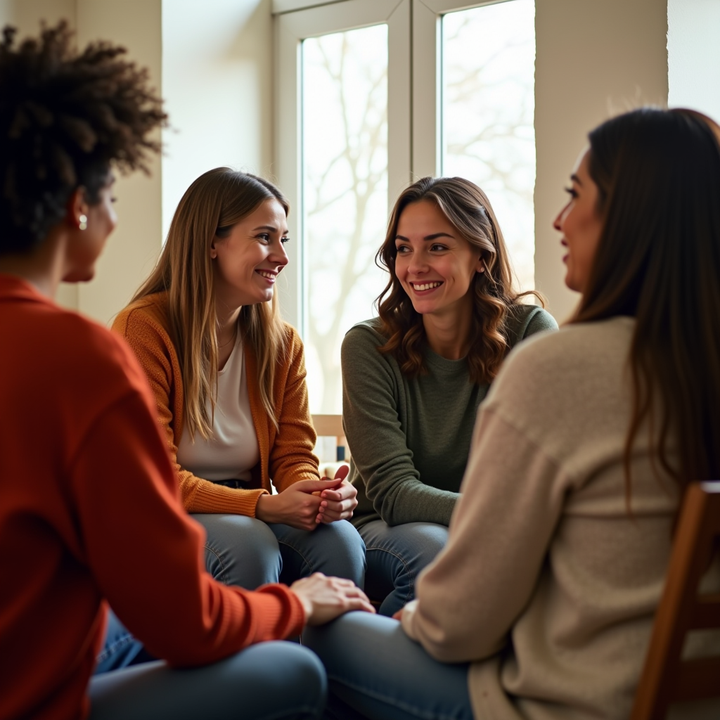 Warm and welcoming support group meeting with diverse caregivers sitting in a circle, sharing stories and supporting each other, soft natural lighting creating a safe and compassionate atmosphere