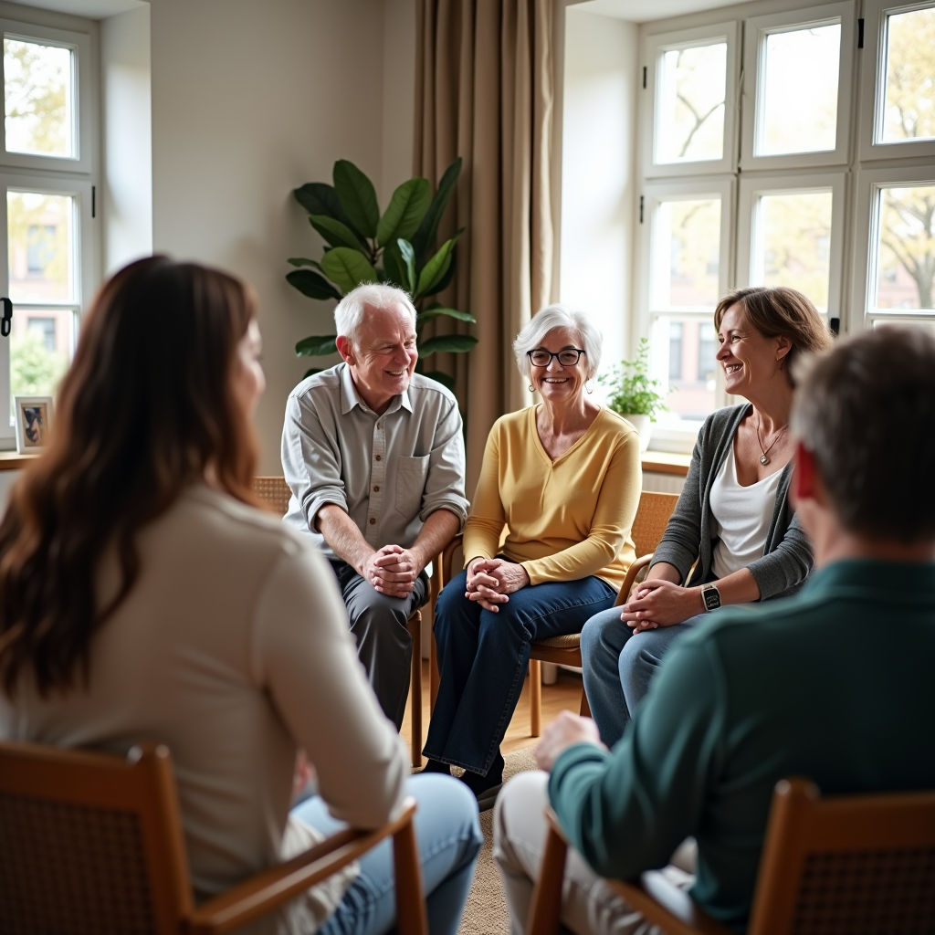 Supportive group of family caregivers sitting in a circle during a support group meeting, sharing experiences with compassionate facilitator in a comfortable, welcoming room