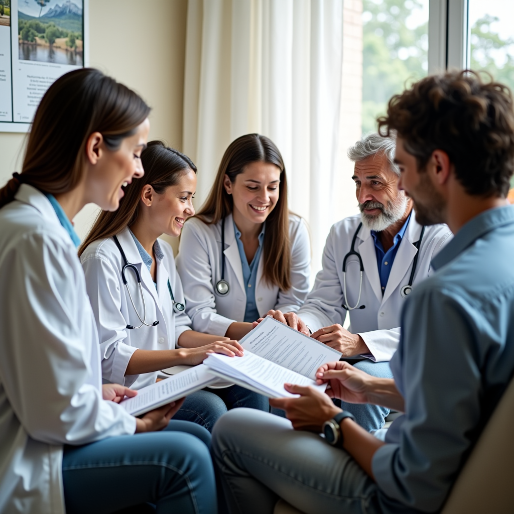 Compassionate doctor consulting with patient and family members, reviewing educational materials and treatment options together in a comfortable medical office setting with natural light and supportive atmosphere