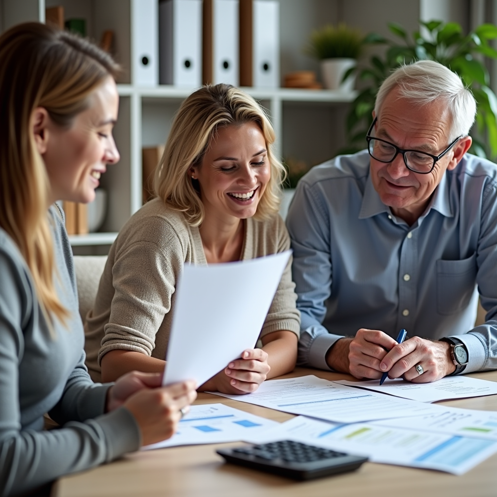 Professional benefits advocate reviewing financial documents and insurance forms with ALS patient family, calculator and assistance program brochures on desk in organized office